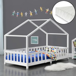 Pat copii tip casuta Treviolo 90x200 cm cu saltea si protectie, alb