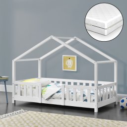 Pat pentru copii tip casuta Treviolo 70x140 cm cu saltea, alb