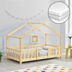 Pat copii tip casuta 70x140 cm din lemn natur cu saltea