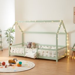 Pat casuta pentru copii Sisimiut 90x200 cm menta/alb, din lemn
