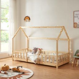 Pat copii tip casuta 90x200 cm din lemn natur, cu protectie