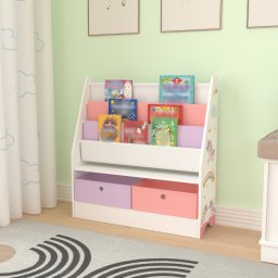 Biblioteca pentru copii Neda cu model unicorn, alb, lila si roz