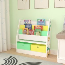 Raft pentru copii Neda cu 2 cutii, model dinozaur, alb/verde/galben