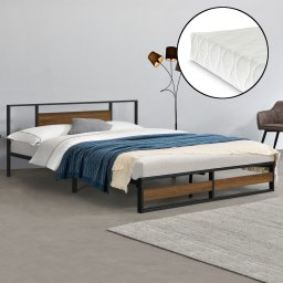 Pat metalic Villach 180x200 cm cu saltea, negru si aspect nuc