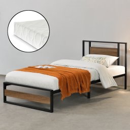 Pat metalic 90x200 cu saltea inclusa, negru cu aspect nuc