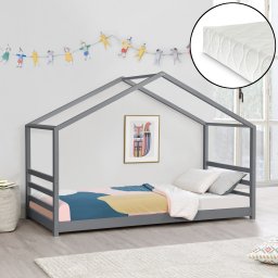 Pat copii tip casuta Vardø 90x200 cm cu saltea, gri închis