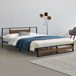 Pat metalic Villach 180x200 cm negru cu finisaj aspect nuc
