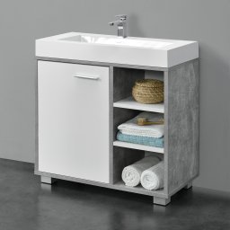 Dulap baie sub lavoar Narvik 60x31 cm, beton/alb, cu usa si rafturi