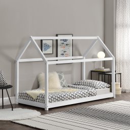 Pat pentru copii tip casuta 80x160 cm din lemn de pin alb