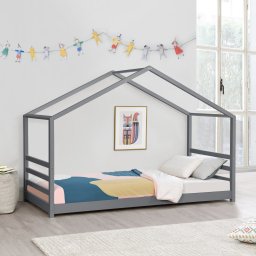 Pat copii tip casuta Vardø 90x200 cm cu somiera si protectie, gri închis