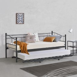 Pat metalic de zi 90x200 cm cu pat extensibil, negru mat, en.casa