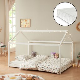 Pat copii tip casuta 140x200 cm alb cu saltea din spuma rece