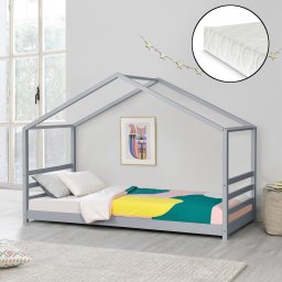 Pat copii tip casuta 90x200 cm din lemn gri cu saltea