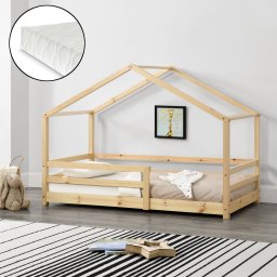 Pat copii tip casuta 90x200 cm cu protectie, somiera si saltea, natur