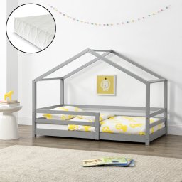 Pat copii tip casuta 90x200 cm cu protectie, somiera si saltea, gri