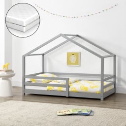 Pat copii tip casuta 70x140 cm gri cu protectie si saltea
