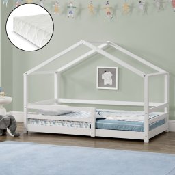 Pat copii tip casuta 90x200 cm cu protectie, somiera si saltea, alb