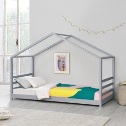 Pat copii tip casuta Vardø 90x200 cm din lemn, gri mat