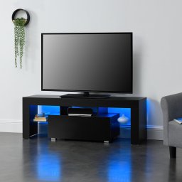 Comoda TV LED Grimsey neagra cu sertar si rafturi din sticla, 130 cm