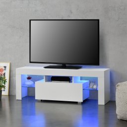 Comoda TV LED Grimsey alba cu sertar si rafturi din sticla 130 cm