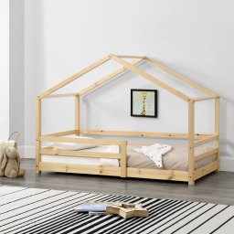 Pat copii tip casuta 80x160 cm din lemn natur, cu protectie