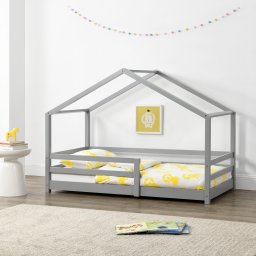 Pat copii tip casuta 90x200 cm din lemn de pin, gri deschis
