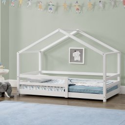 Pat copii tip casuta 70x140 cm alb, din lemn de pin, cu protectie