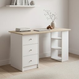 Birou Lemberg 120x49x72 cm alb cu blat aspect stejar si 3 sertare