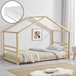Pat copii tip casuta Vardo 90x200 cm din lemn cu saltea inclusa