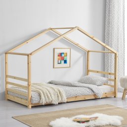 Pat pentru copii tip casuta Vardø 90x200 cm din lemn, cu somiera