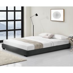 Pat tapitat Masari 140x200 cm, piele ecologica neagra, cu somiera