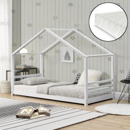 Pat copii tip casuta Vardø 90x200 cm alb cu saltea inclusa