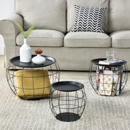 Set 3 masute de cafea Neman cu cos metalic si blat detasabil, negru