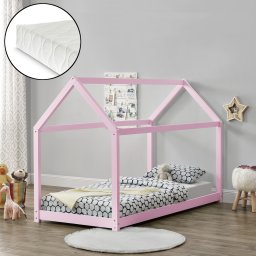 Pat copii tip casuta 90x200 cm din lemn de pin roz cu saltea