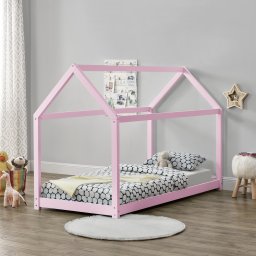 Pat pentru copii tip casuta 90x200 cm roz, din lemn de pin