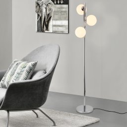 Lampadar modern Gent 154 cm cu 3 globuri din sticla alba, cromat