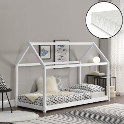 Pat copii tip casuta 90x200 cm alb, cu saltea din spuma rece
