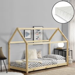 Pat copii tip casuta 90x200 cm din lemn de pin cu saltea inclusa