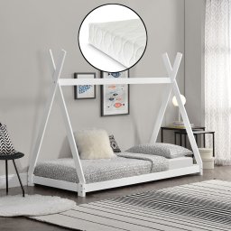 Pat copii tipi 90x200 cm alb cu saltea si somiera din lemn