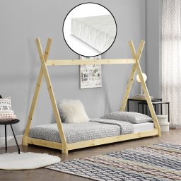 Pat copii tipi 90x200 cm din lemn de pin natur cu saltea si somiera