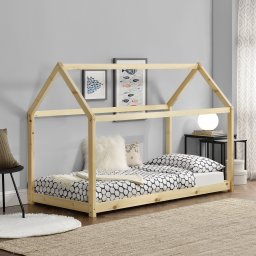Pat pentru copii tip casuta 90x200 cm din lemn de pin natur