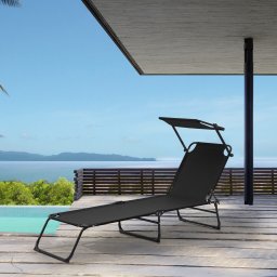 Sezlong pliabil de gradina cu copertina reglabila, negru, 187x53 cm