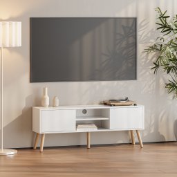 Comoda TV Eskilstuna alba cu 2 usi, 2 rafturi si picioare aspect stejar