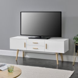Comoda TV Alavus 140x40x56 cm alba, cu 2 usi si 2 sertare