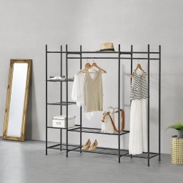Suport pentru haine negru cu 6 rafturi metalice, tip garderoba