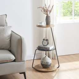 Masa laterala Sipoo cu 3 polite, aspect nuc si marmura neagra, 74x46x37 cm