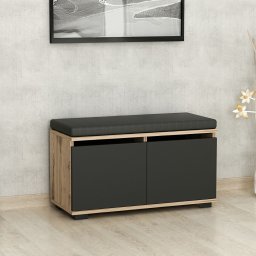 Banca pentru pantofi Brande cu sezut, 4 compartimente, stejar si negru, 80 cm