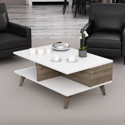 Masa de cafea Grenaa cu raft inferior, alb si aspect nuc, 90x60 cm