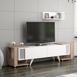 Comoda TV cu raft si 2 mese laterale mobile Glostrup, alb si stejar