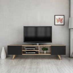 Comoda TV Assens 160 cm, stejar si negru, cu 2 usi si 3 rafturi